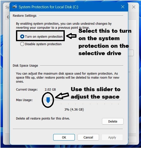 Windows 11 System Protection configuration window showing the options to turn system protection on or off and configure disk space usage.