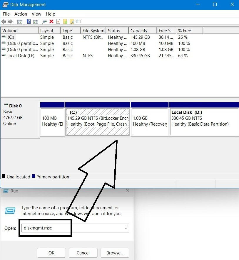 Windows 11 Run dialog showing diskmgmt.msc command, opening the Disk Management console.