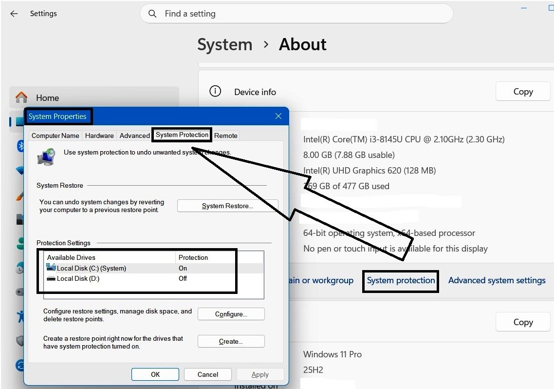Windows 11 System Properties window open to the System Protection tab, showing available drives and their current protection status.