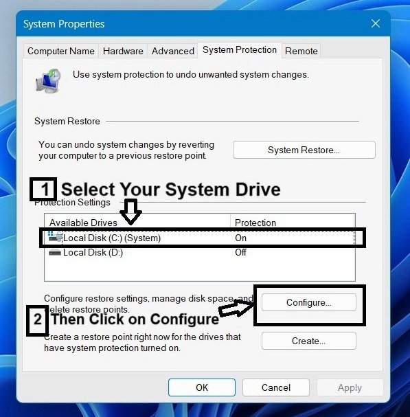 Windows 11 System Protection settings showing the available drives and their current protection status, with the Windows system drive selected.