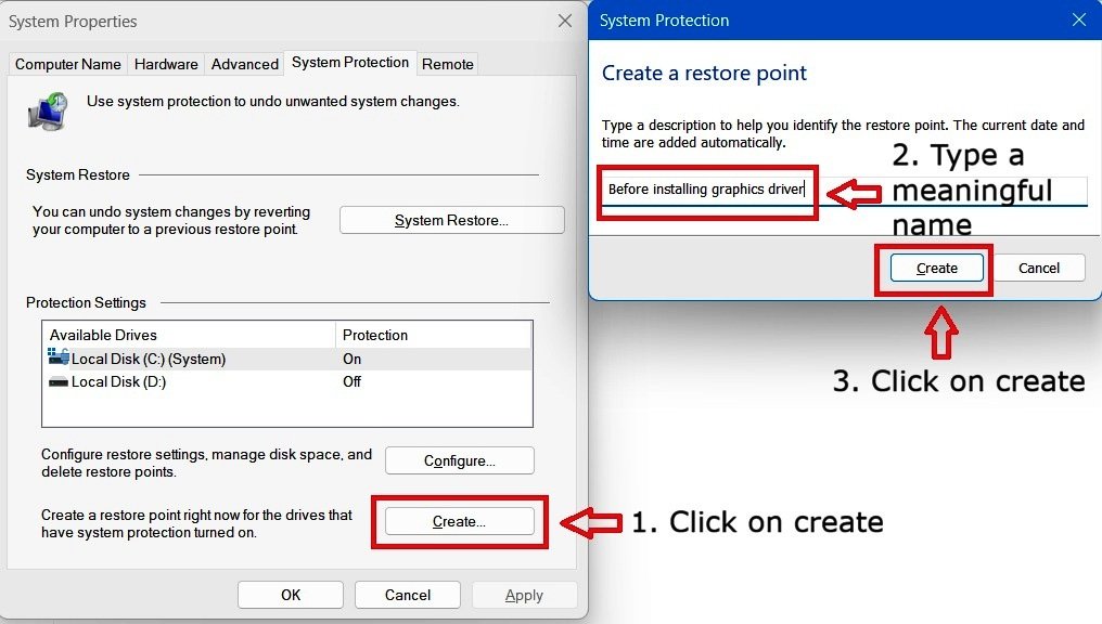 Windows 11 System Protection tab next to the Create a Restore Point dialog box for naming a manual restore point