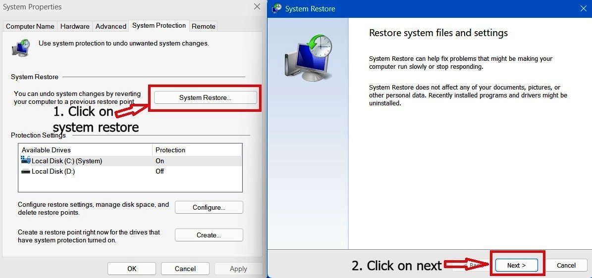 Windows 11 System Protection tab beside the System Restore wizard welcome screen with Next button