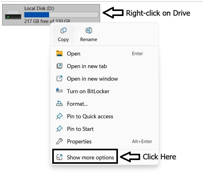 Windows 11 File Explorer right-click menu on a drive, showing the condensed option list with Show more options highlighted.