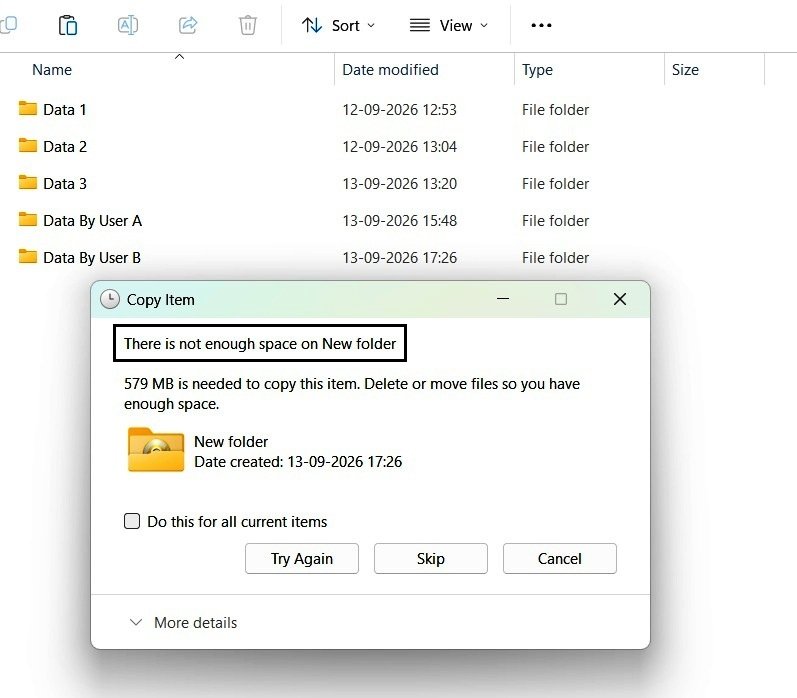 Windows displaying a not-enough-space message while User B attempts to copy a folder larger than the user's 1 GB quota allowance.