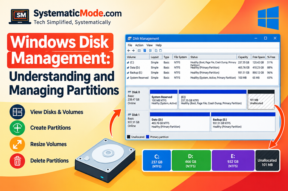 Windows Disk Management showing disk partitions and unallocated space