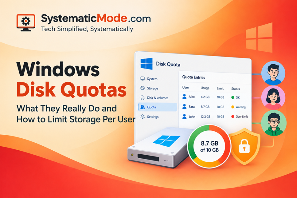 Windows Disk Quotas settings showing a storage limit for a user