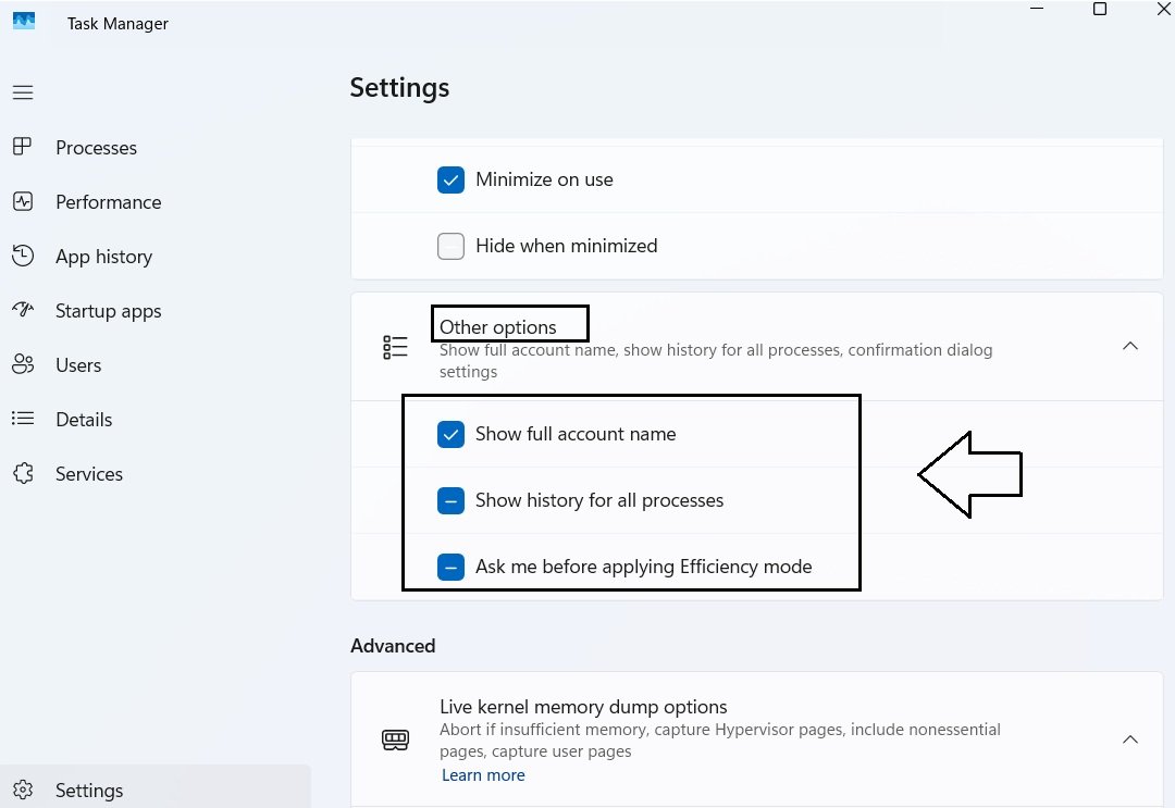 Task Manager's General settings showing Show full account name, Show history for all processes, and Ask me before applying Efficiency Mode toggles.