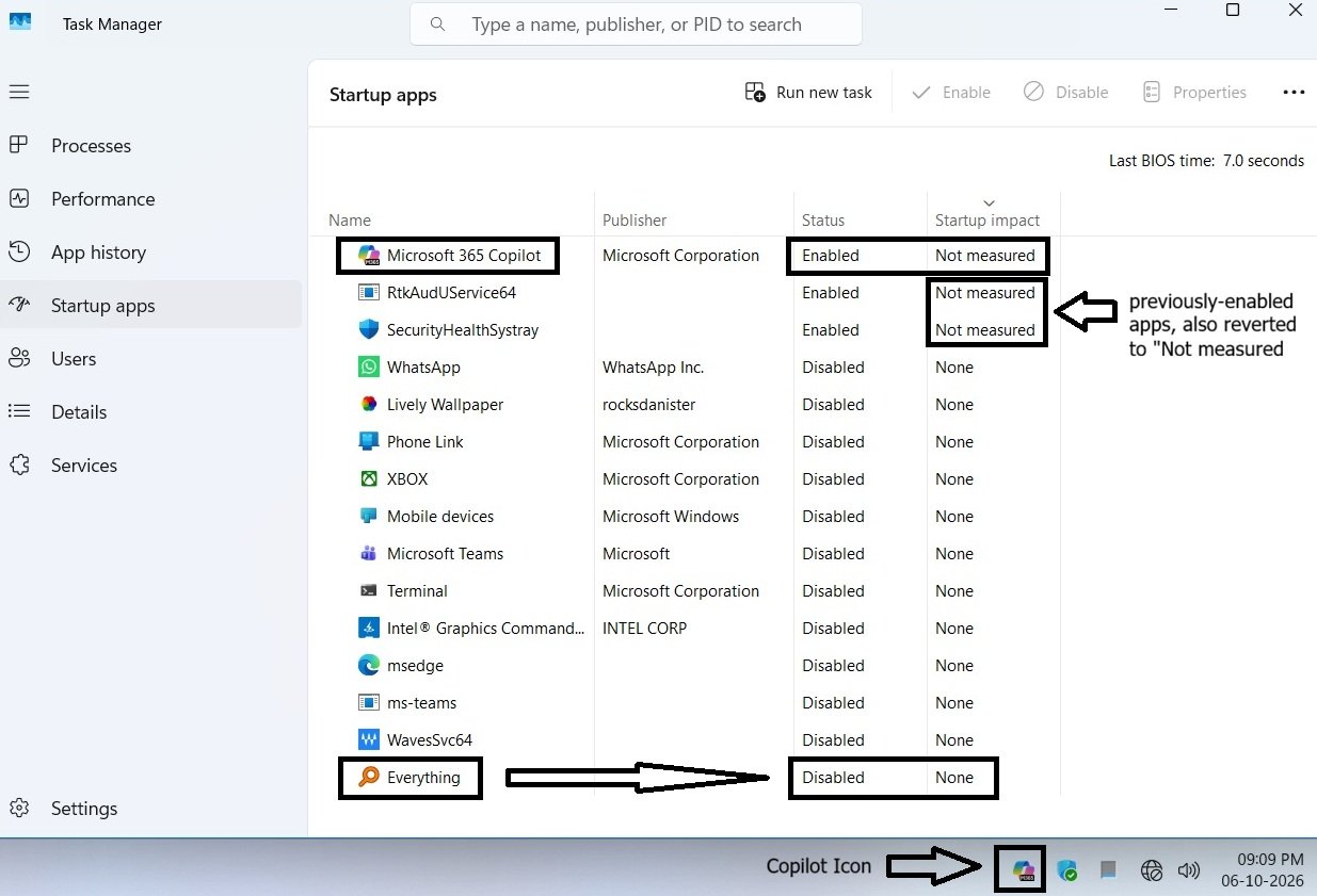 System tray now showing the Copilot icon instead of Everything, alongside Task Manager's Startup apps list reflecting the change.