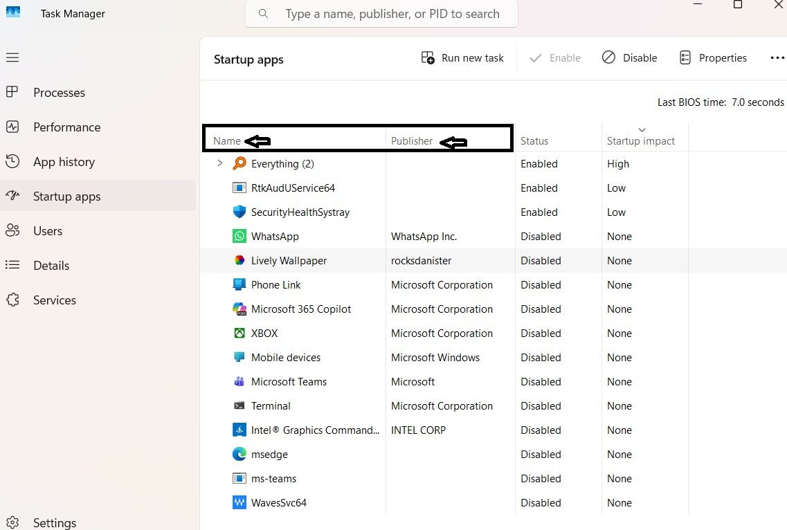Task Manager Startup apps list with the Name and Publisher columns highlighted for a selected entry.