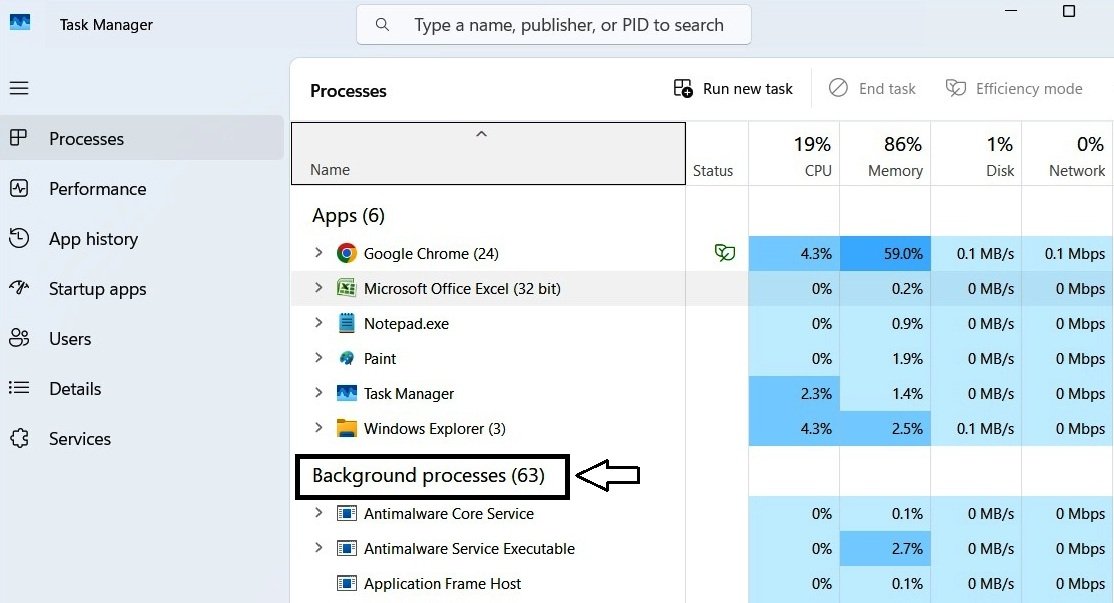 Task Manager Background Processes section showing 63 processes currently running