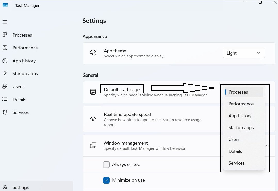 Task Manager's Default Start Page setting showing all seven tabs available to choose from.