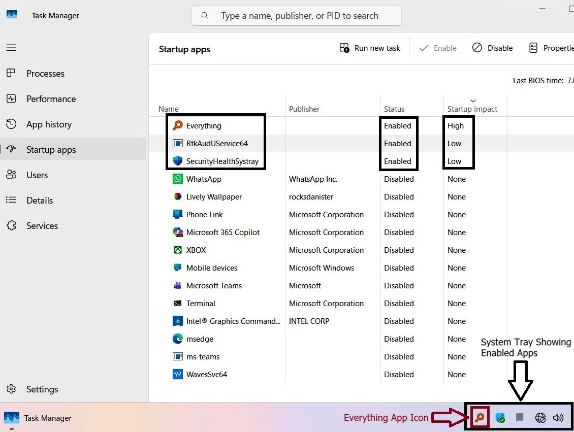 Task Manager Startup apps list showing which apps are enabled or disabled, alongside the system tray showing the currently running enabled apps.