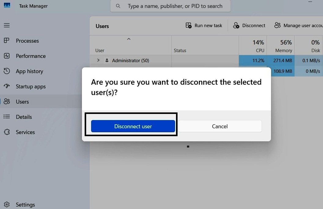 Windows dialoug box asking for disconnect user confirmation.