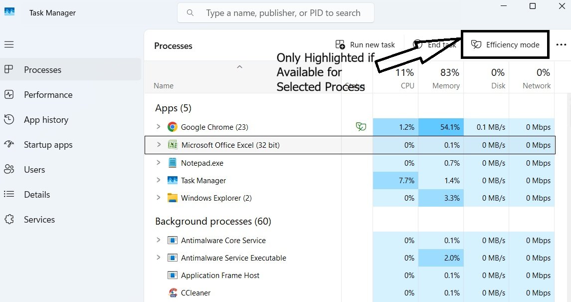 Excel process selected in Task Manager with the Efficiency Mode button highlighted at the top of the window.