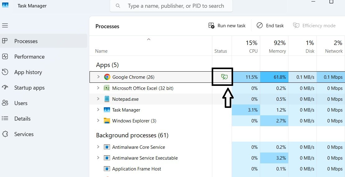 Chrome process in Task Manager showing a green leaf icon in the Status column indicating Efficiency Mode is active.