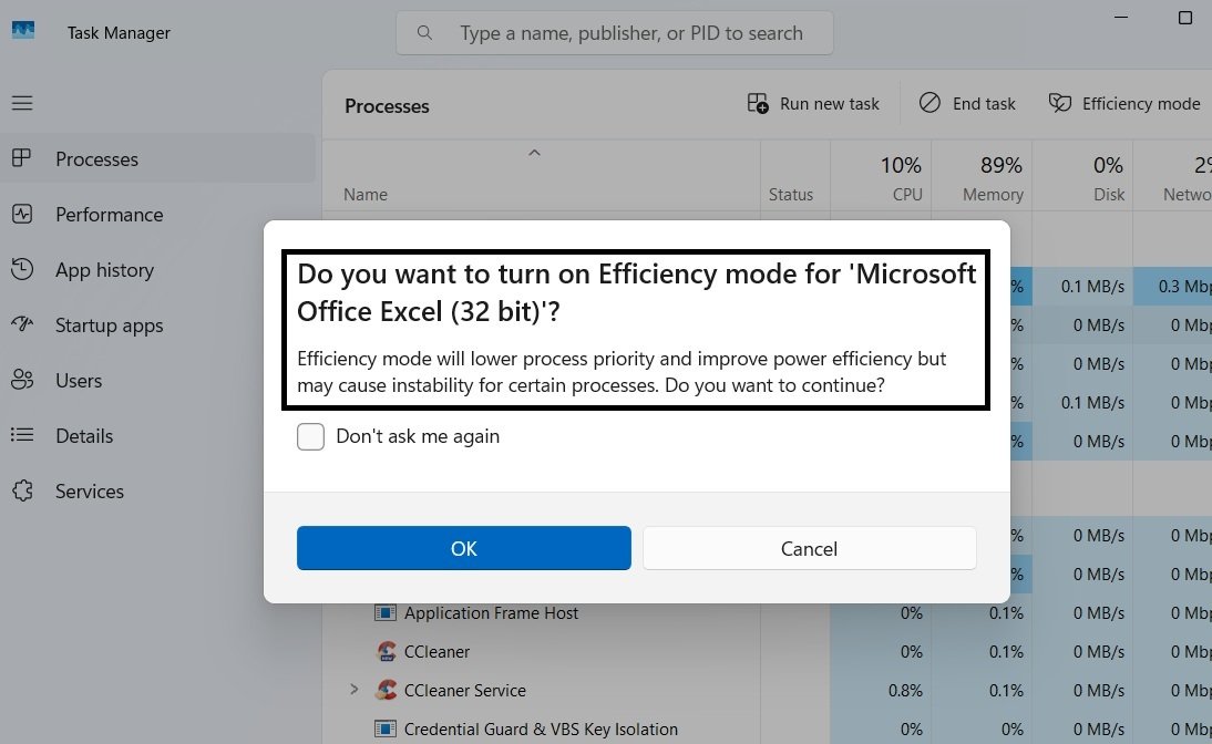 Confirmation dialog in Task Manager warning that Efficiency Mode will lower process priority and may cause instability.