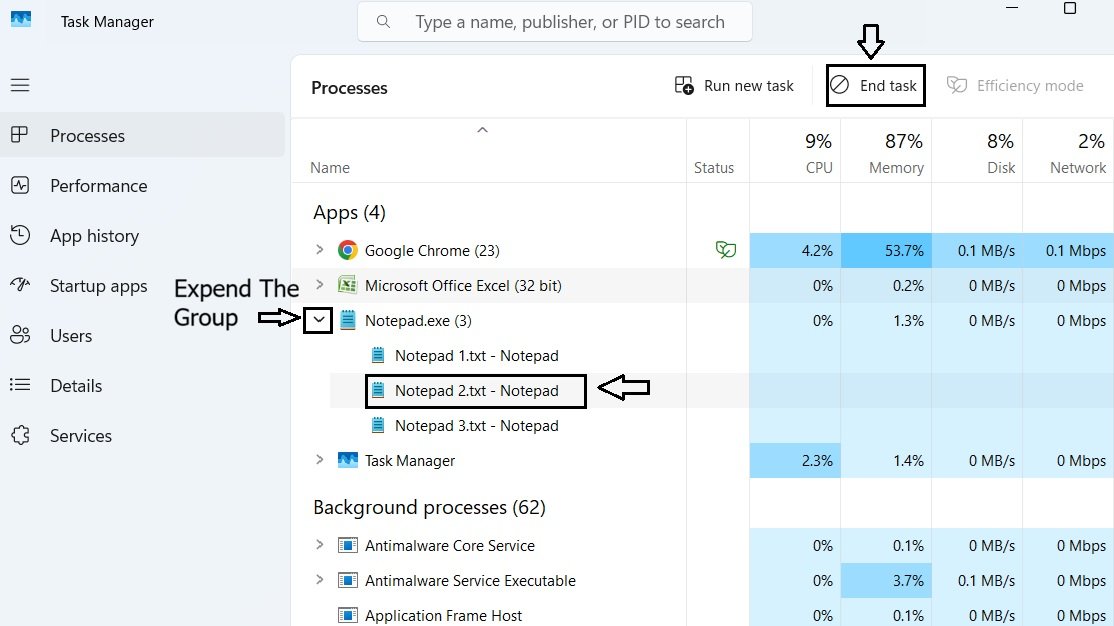 Notepad process group expanded in Task Manager, with one individual file's process right-clicked to show the End Task option.