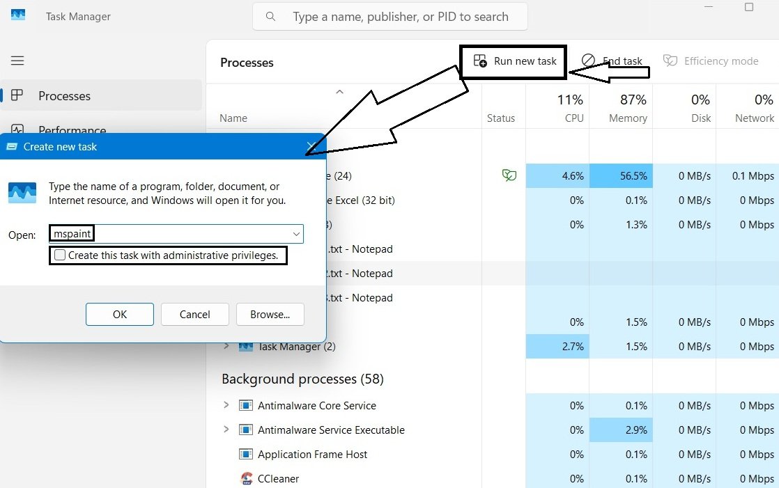 Task Manager's Create New Task dialog box with 'notepad' typed into the text field.