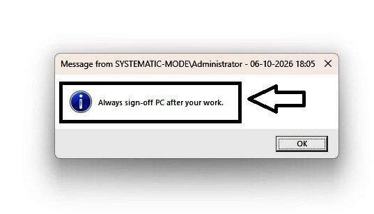 A message dialog box appearing on User A's desktop after signing in, sent earlier from the Administrator account.