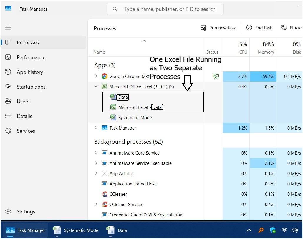 Expanded Excel process group in Task Manager showing one workbook listed as two separate processes.