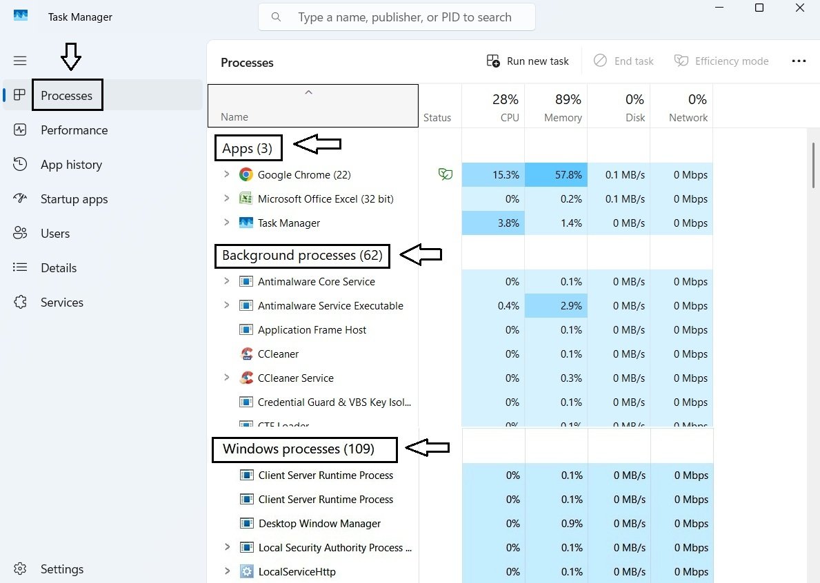 Windows 11 Task Manager with the Processes tab selected, showing Apps, Background processes, and Windows processes.