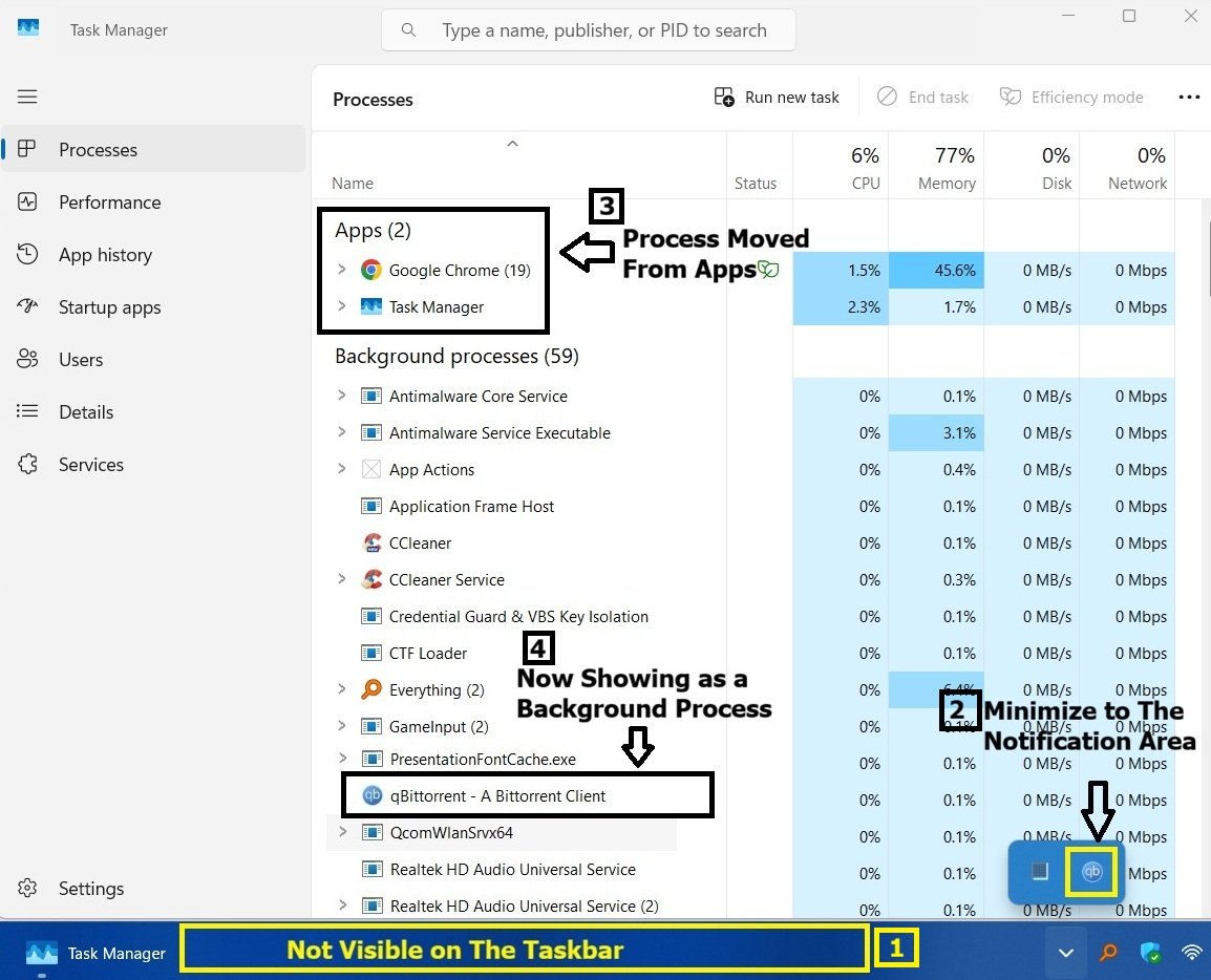 qBittorrent minimized to the system tray, with its process now listed under Background Processes in Task Manager instead of Apps.