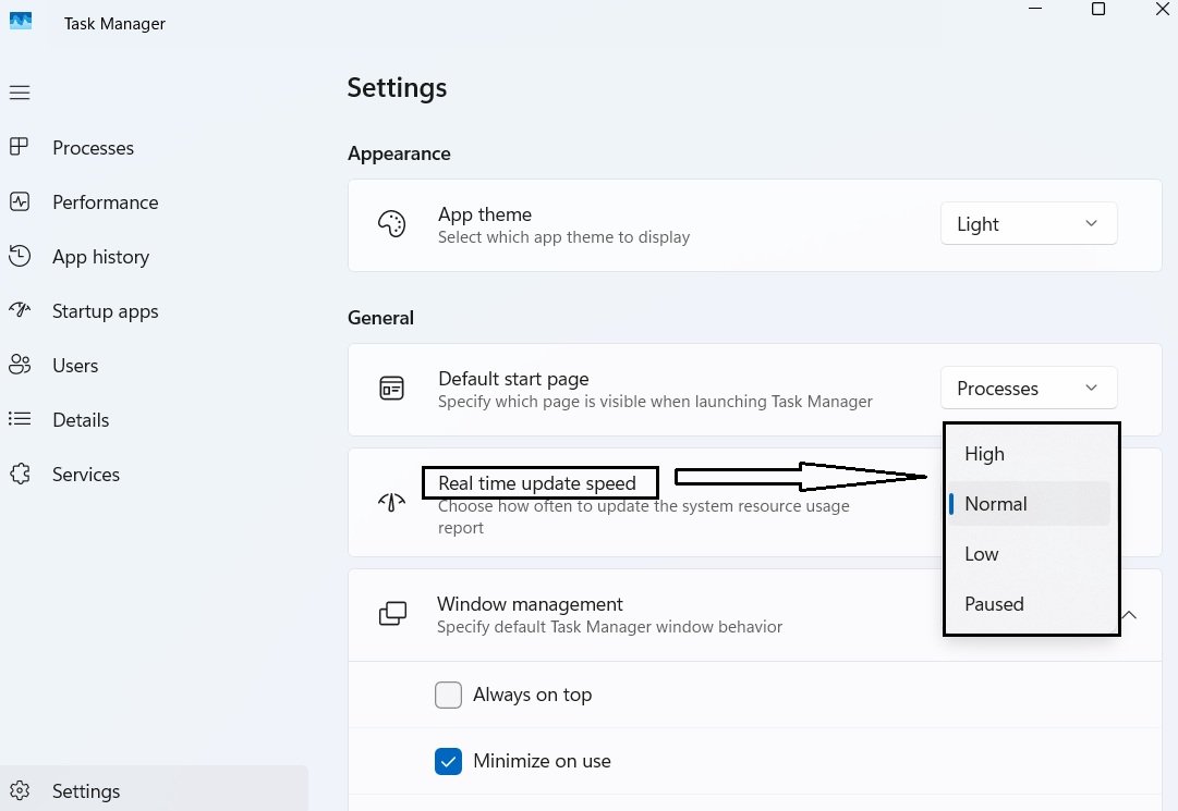 Task Manager's Real-Time Update Speed setting showing High, Normal, Low, and Paused options.