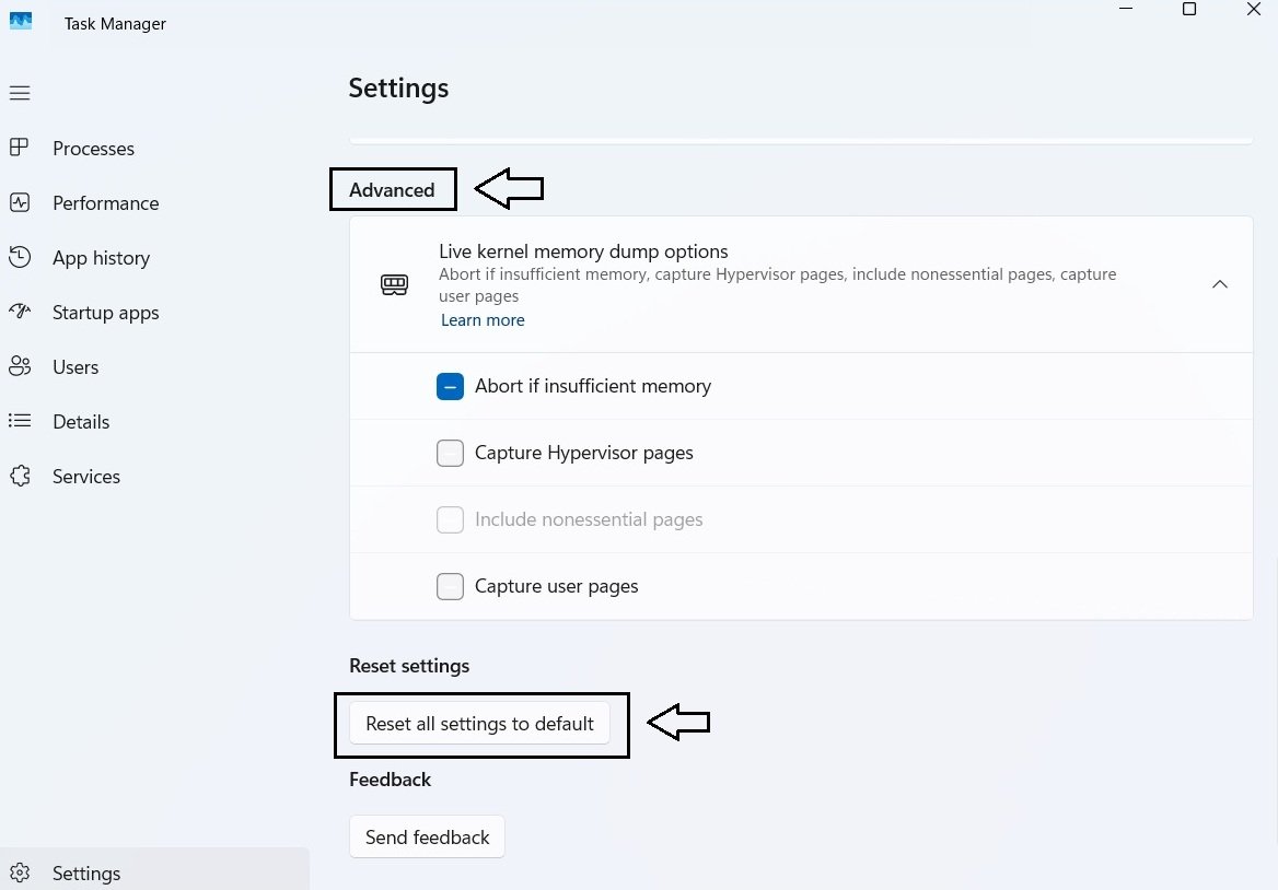 Task Manager's Settings page showing the Reset to Default button at the bottom.