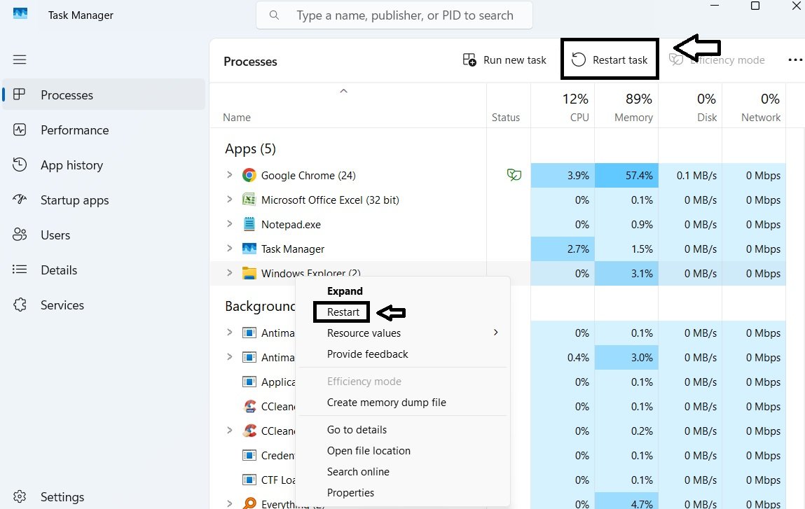 Windows Explorer process selected in Task Manager, with a Restart option shown at the top of the window instead of End Task.