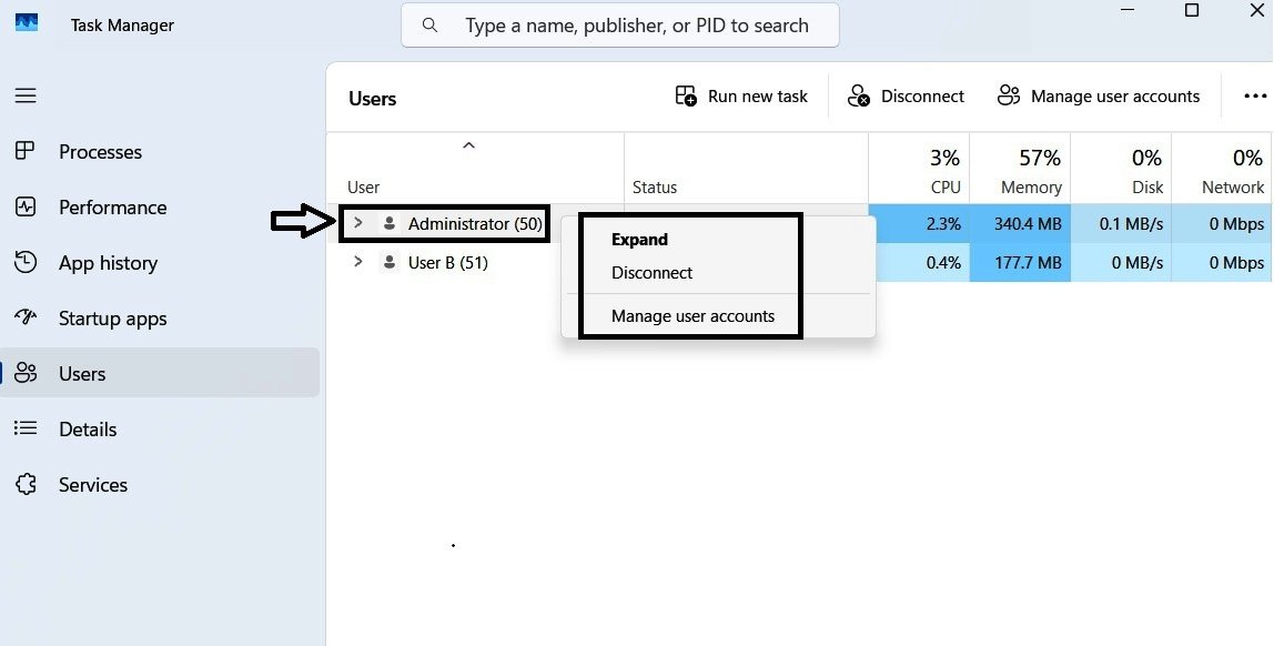 Right-click context menu on the Administrator's own entry in Task Manager's Users tab, showing three available options.