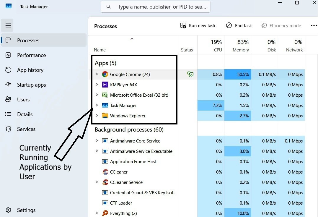Windows 11 task manager showing application that are currently open