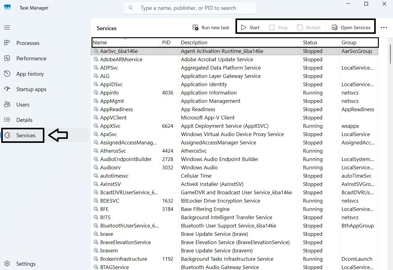 Task Manager Services page showing Windows services and their current state.