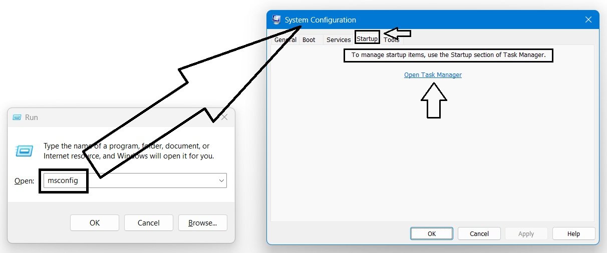 System Configuration window in Windows 11 showing the Startup tab with a message stating this setting is now managed in Task Manager.