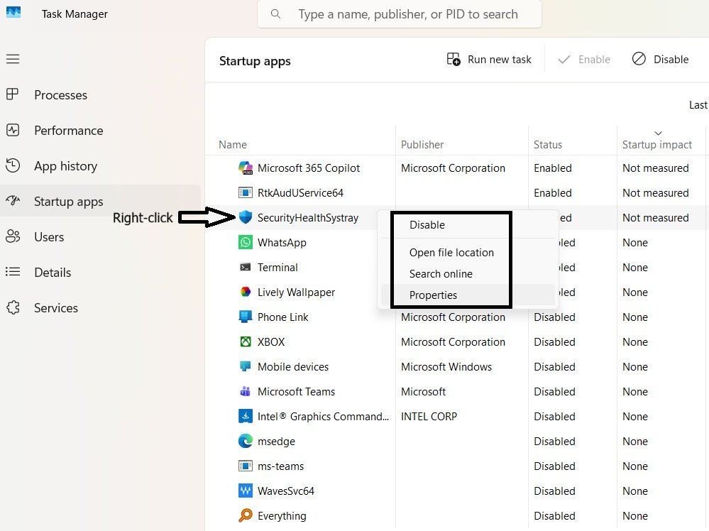 Right-click context menu on the Everything entry in Task Manager's Startup apps list.