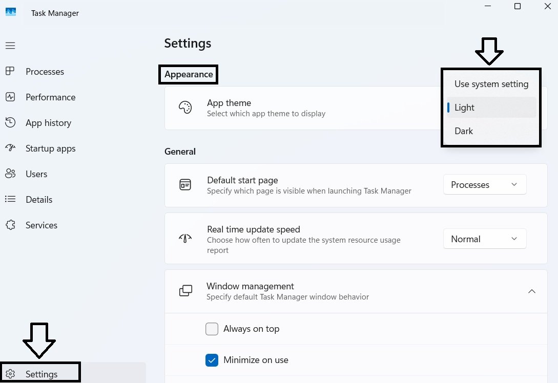 Task Manager's Appearance settings showing Use system setting, Light, and Dark options.