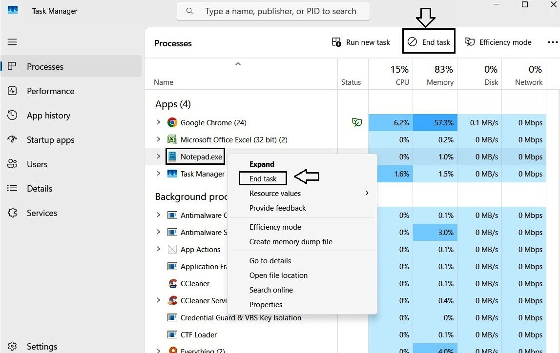 Notepad process selected in Task Manager, showing the End Task button at the top and the End Task option in the right-click menu.