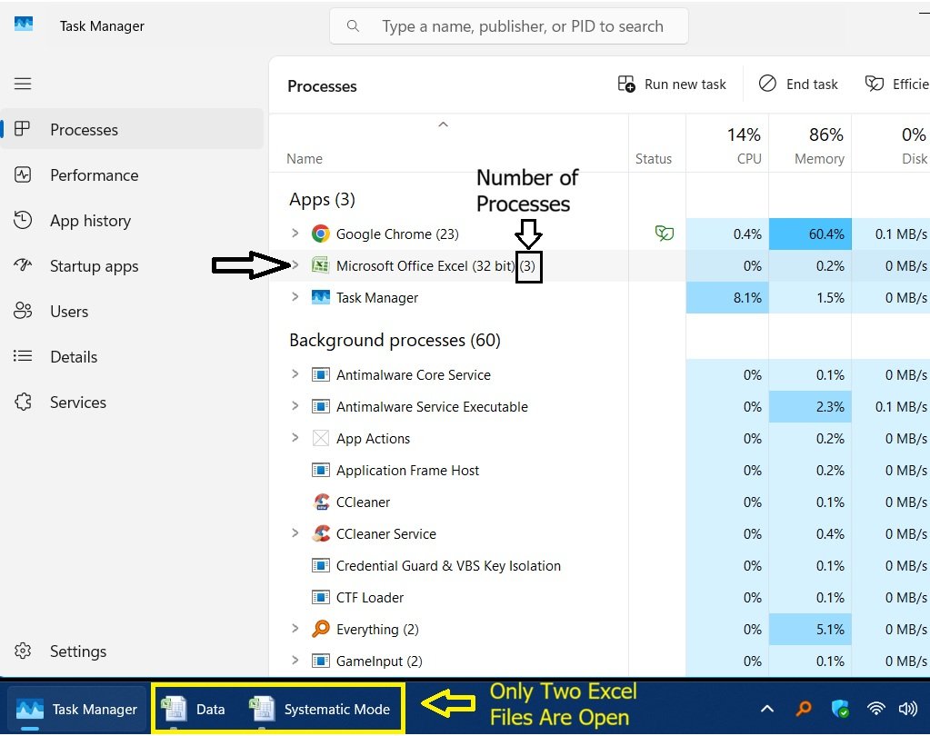 Windows taskbar showing two open Excel files, while Task Manager lists Microsoft Excel with a count of three processes.