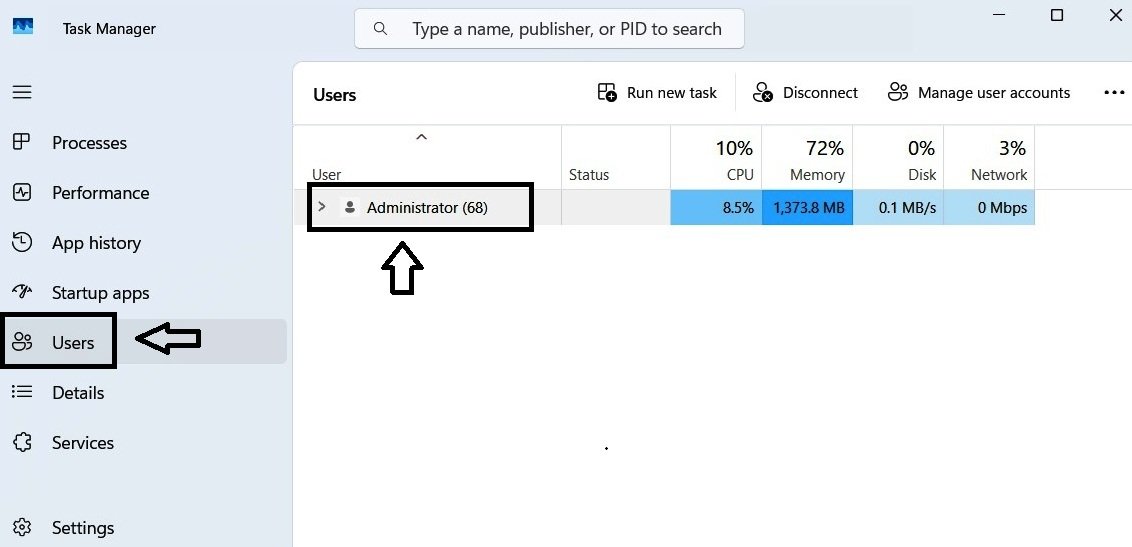 Task Manager Users tab showing only the Administrator account currently signed in.
