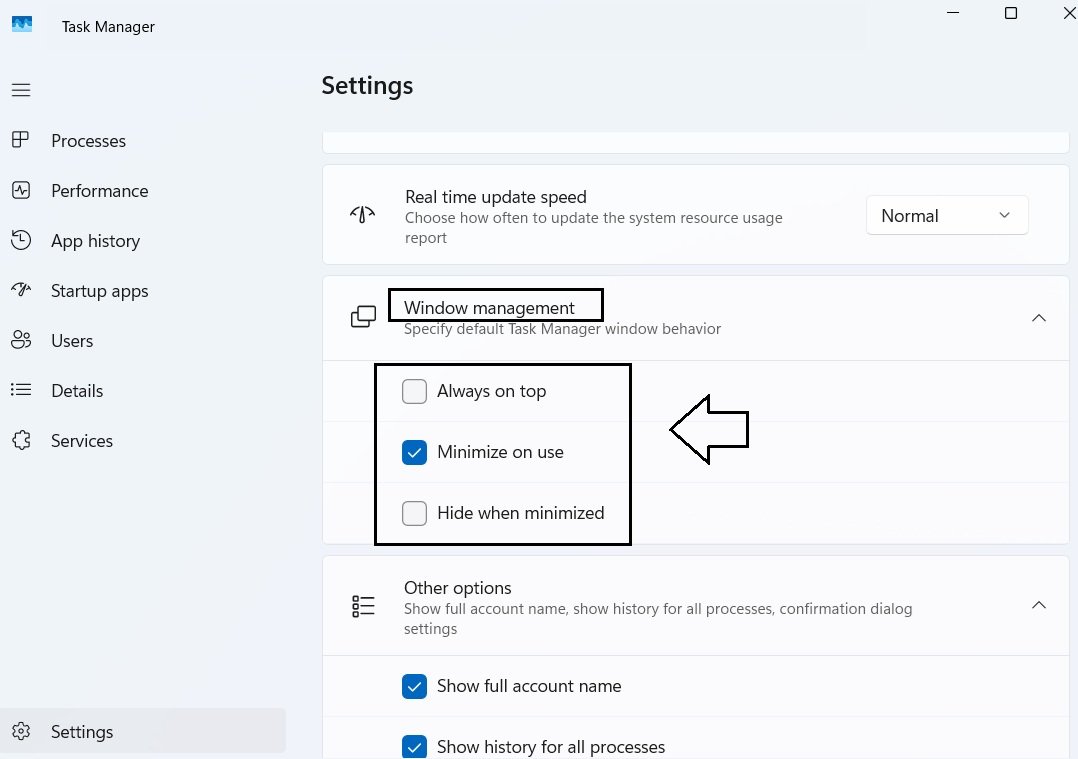 Task Manager's Window Management settings showing Always on top, Minimize on use, and Hide when minimized.