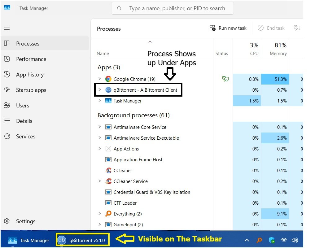 qBittorrent window open on the taskbar, with its process listed under Apps in Task Manager.